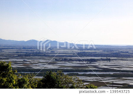 Chokai Forest, Shonai Plain in early May, rice paddies and settlements Chokai Forest, Shonai Plain in early May, rice paddies and settlements 139543725