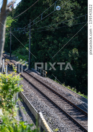 A photograph of a single-track train against a blue sky. A photograph of a single-track train against a blue sky. 139543822