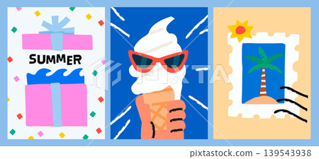Naive Art Kitschy Summer Illustration Set with Ice Cream Wave Palm Tree Stamp Collage Style 139543938