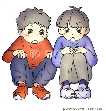 兩個男孩蹲著 兩個男孩蹲著 139544309