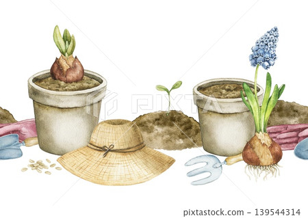 Watercolor seamless border flower pots, muscari bulb, straw hat and gardening tools arranged in horizontal composition. Spring botanical illustration for wallpaper, wrapping paper,stationery design. Watercolor seamless border flower pots, muscari bulb, straw hat and gardening tools arranged in horizontal composition. Spring botanical illustration for wallpaper, wrapping paper,stationery design. 139544314