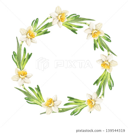 Watercolor round wreath with blooming daffodil flowers and green leaves. Elegant botanical illustration for invitations, greeting cards, packaging and seasonal spring stationery. Watercolor round wreath with blooming daffodil flowers and green leaves. Elegant botanical illustration for invitations, greeting cards, packaging and seasonal spring stationery. 139544319