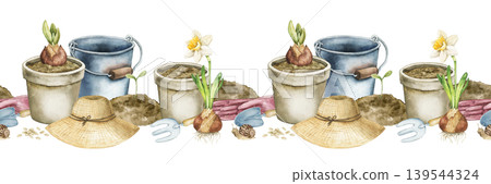Watercolor seamless border with flower pots, soil, bulbs, daffodil, bucket, gloves and gardening tools. Spring illustration for wallpaper, nursery decor, textile print and stationery design. 139544324