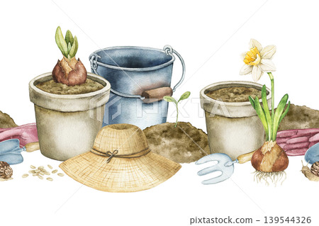 Watercolor seamless border with flower pots, soil, bulbs, daffodil, bucket, gloves and gardening tools. Spring illustration for wallpaper, nursery decor, textile print and stationery design. Watercolor seamless border with flower pots, soil, bulbs, daffodil, bucket, gloves and gardening tools. Spring illustration for wallpaper, nursery decor, textile print and stationery design. 139544326