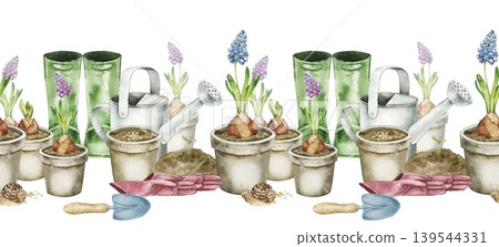 Watercolor gardening border with flower pots, hyacinths, muscari, watering can, soil, gloves and green rubber rain boots. Spring botanical illustration for wallpaper, nursery decor and textile print. 139544331
