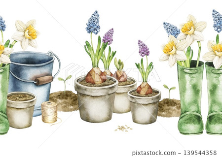Watercolor spring composition with flower pots, daffodils, hyacinths, watering can and green rubber boots. Botanical illustration for nursery decor, wallpaper, textile print and stationery design. 139544358
