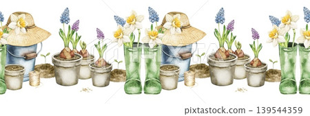 Watercolor spring composition with flower pots, daffodils, hyacinths, watering can and green rubber boots, garden woven hat. Botanical illustration for garden themed decor, wallpaper, textile print. 139544359