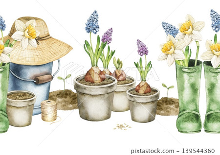 Watercolor spring composition with flower pots, daffodils, hyacinths, watering can and green rubber boots, garden woven hat. Botanical illustration for garden themed decor, wallpaper, textile print. 139544360