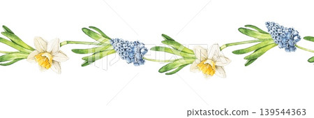 Watercolor seamless border with daffodil flowers, hyacinth blooms and green leaves. Spring botanical simple illustration for wallpaper, nursery decor, textile print and stationery design. 139544363
