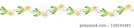 Watercolor seamless border with daffodil flowers and green leaves arranged in horizontal wavy composition. Illustration for wallpaper, nursery decor, textile print and stationery design. 139544365