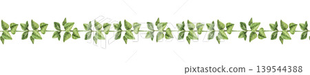Watercolor seamless border with green leaves arranged in horizontal line. Illustration for wallpaper, nursery decor, textile print, and stationery design. Simple green leaves border, gardening theme 139544388