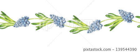 Watercolor seamless border with grape hyacinth flowers and green leaves arranged in horizontal composition. Illustration for wallpaper, nursery decor, textile print and stationery design. 139544390