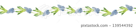 Watercolor seamless border with grape hyacinth flowers and green leaves arranged in horizontal composition. Illustration for wallpaper, nursery decor, textile print and stationery design. 139544392