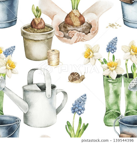 Watercolor seamless pattern with flower pots, watering cans, bulbs and spring flowers. Botanical illustration inspired by gardening hobbies, planting seedlings and countryside farming activities. Watercolor seamless pattern with flower pots, watering cans, bulbs and spring flowers. Botanical illustration inspired by gardening hobbies, planting seedlings and countryside farming activities. 139544396