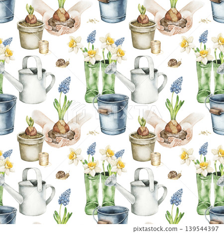 Watercolor seamless pattern with flower pots, watering cans, bulbs and spring flowers. Botanical illustration inspired by gardening hobbies, planting seedlings and countryside farming activities. 139544397