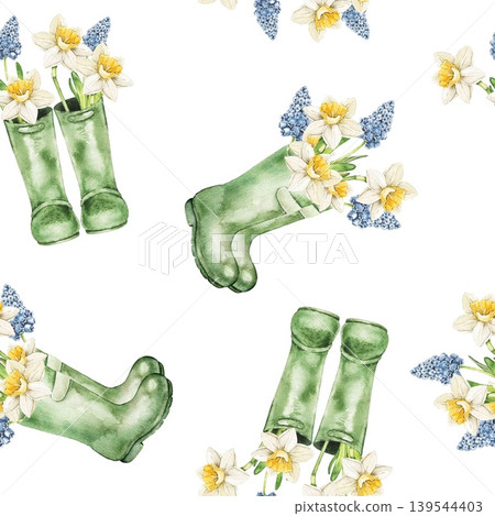 Watercolor seamless pattern with green rain boots and spring floral bouquets hyacinth and daffodils. Botanical illustration gardening hobbies, planting seedlings and countryside greenhouse work. 139544403