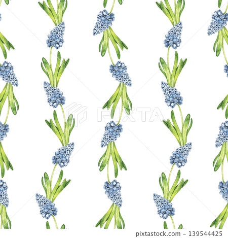 Watercolor seamless pattern with elegant vertical hyacinth flower garlands. Botanical illustration for fabric, stationery, packaging and refined spring themed products. Watercolor seamless pattern with elegant vertical hyacinth flower garlands. Botanical illustration for fabric, stationery, packaging and refined spring themed products. 139544425