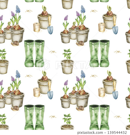 Gardening watercolor seamless pattern with flower pots, green rubber boots, bulbs and garden tools. Botanical illustration for fabric, stationery, packaging and spring themed products. 139544432