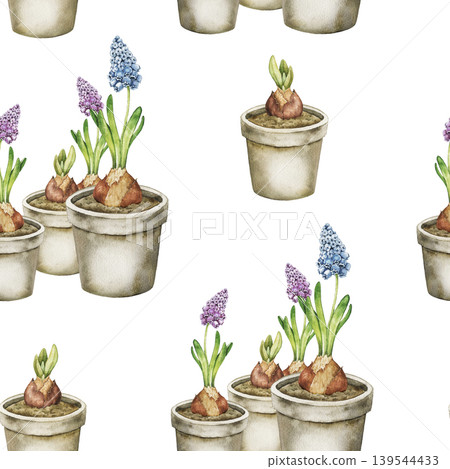 Watercolor seamless pattern with flower pots, bulbs and blooming hyacinths. Botanical illustration inspired by greenhouse planting, vegetable beds, gardening hobbies and rural activities. 139544433
