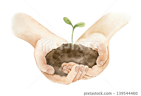 Watercolor illustration of hands holding soil with young green seedling. Botanical artwork for eco branding, farming themes, packaging, labels and spring themed products. Watercolor illustration of hands holding soil with young green seedling. Botanical artwork for eco branding, farming themes, packaging, labels and spring themed products. 139544460