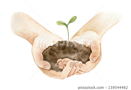 Watercolor illustration of hands holding soil with young green seedling. Botanical artwork for eco themes, farming projects, stationery, packaging and spring decoration use. Watercolor illustration of hands holding soil with young green seedling. Botanical artwork for eco themes, farming projects, stationery, packaging and spring decoration use. 139544462