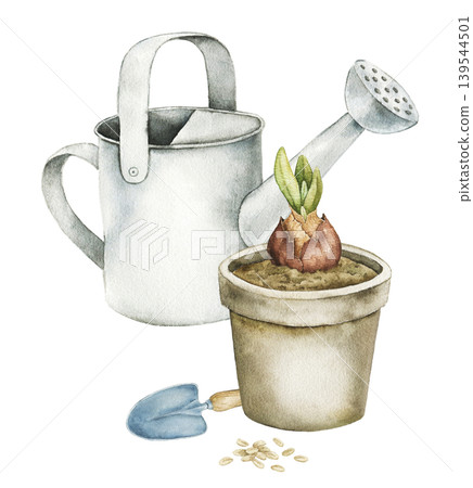 Watercolor composition with watering can, gardening glove and flower pot with sprouting bulb. Spring botanical illustration for stationery, wrapping paper, packaging and seasonal decor. 139544501