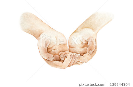 Watercolor illustration of open human hands in curved position. Template element for adding plants, flowers, soil or gardening objects into botanical compositions and seasonal designs. Watercolor illustration of open human hands in curved position. Template element for adding plants, flowers, soil or gardening objects into botanical compositions and seasonal designs. 139544504