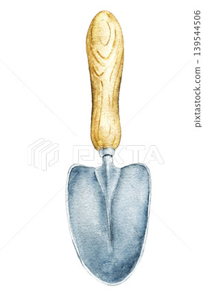 Watercolor illustration of blue garden shovel trowel inspired by planting seedlings, greenhouse care and countryside gardening activities. Botanical artwork for seasonal stationery and packaging. 139544506