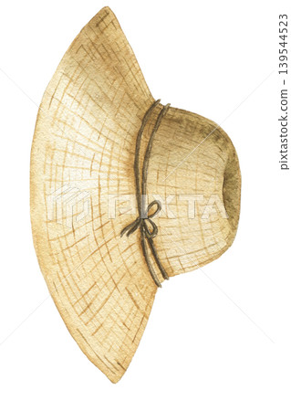 Watercolor illustration of straw garden hat for greenhouse work and countryside activities. Botanical element for farming themes, planting projects and seasonal decoration. 139544523