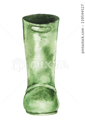 Watercolor illustration of tall green rubber boot for gardening activities and countryside themes. Botanical element for greenhouse projects, farming concepts and seasonal decoration. Watercolor illustration of tall green rubber boot for gardening activities and countryside themes. Botanical element for greenhouse projects, farming concepts and seasonal decoration. 139544527