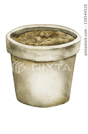 Watercolor illustration of ceramic flower pot filled with soil. Botanical element for gardening themes, greenhouse projects, planting concepts and countryside decoration. Watercolor illustration of ceramic flower pot filled with soil. Botanical element for gardening themes, greenhouse projects, planting concepts and countryside decoration. 139544528