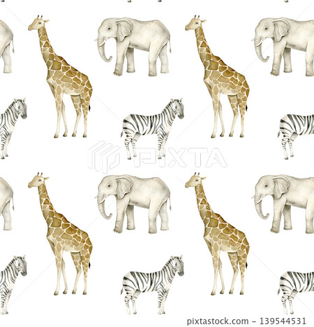Watercolor safari pattern with giraffe, elephant and zebra arranged randomly. Seamless repeat suitable for fabric, wallpaper, nursery room decor and surface printing projects. Watercolor safari pattern with giraffe, elephant and zebra arranged randomly. Seamless repeat suitable for fabric, wallpaper, nursery room decor and surface printing projects. 139544531