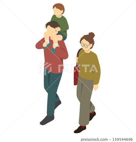 Isometric illustration: A mother walking and a father giving her a piggyback ride. Isometric illustration: A mother walking and a father giving her a piggyback ride. 139544696