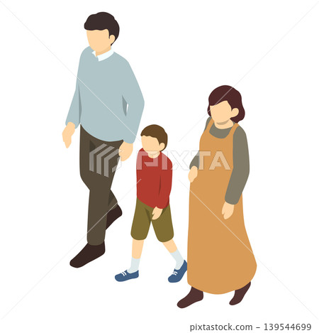 Isometric illustration: Pregnant woman, father, and son walking 139544699