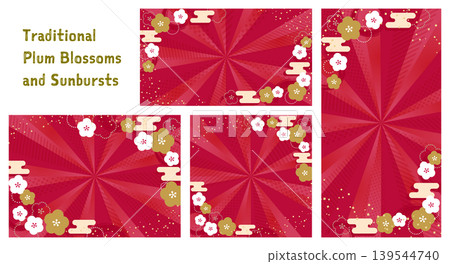 A set featuring auspicious Japanese pattern frames and a vibrant red radial background with falling confetti. A set featuring auspicious Japanese pattern frames and a vibrant red radial background with falling confetti. 139544740