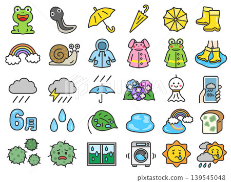 一套包含 30 個雨季圖示(線條藝術、彩色)插圖。 一套包含 30 個雨季圖示(線條藝術、彩色)插圖。 139545048