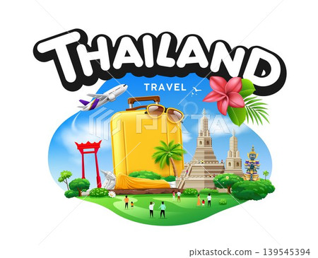 Thailand tourism architecture, Wat arun temple, Reclining Buddha statue, People come to travel, poster design Thailand tourism architecture, Wat arun temple, Reclining Buddha statue, People come to travel, poster design 139545394