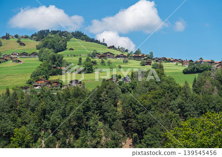Traditional Swiss Village on Rolling Green Hills Under Blue Sky in Switzerland, Europe Traditional Swiss Village on Rolling Green Hills Under Blue Sky in Switzerland, Europe 139545456