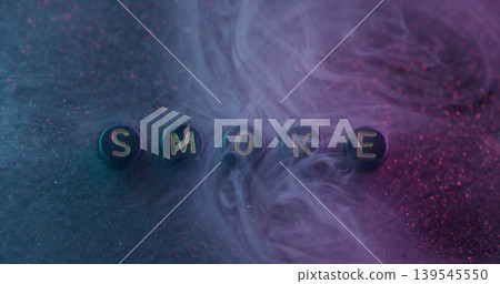 Smoke message. Haze vapor. Defocused golden blue purple color round letters smog glitter texture write on abstract neon art bokeh background. 139545550