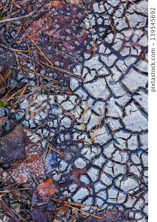 Cracked Earth. An arid landscape with cracked, dry earth patterns in a warm orange hue 139545692