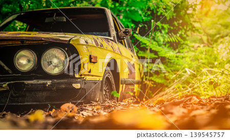Old wrecked car in vintage style. Abandoned rusty yellow car in the forest. Closeup front view headlights of rusty wrecked abandoned car on blurred green tree background . Art of abandoned used car. Old wrecked car in vintage style. Abandoned rusty yellow car in the forest. Closeup front view headlights of rusty wrecked abandoned car on blurred green tree background . Art of abandoned used car. 139545757