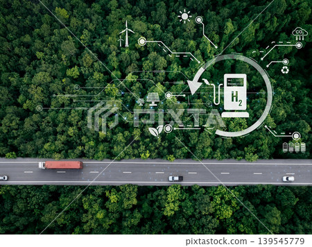 Green hydrogen. Sustainable renewable energy. Hydrogen Fuel cell vehicle. Zero emission car. Future energy. Green technology. Sun and wind energy for green hydrogen power generation. Hydrogen economy. 139545779