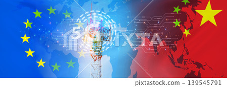 Chinese 5g technology in the EU concept. Telecommunication tower for 5g network. Europe and china flag. Communication technology. Mobile or telecom 5g network. Network connection business. 5g service. 139545791