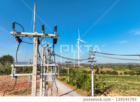 Electricity transmission tower under blue sky, collecting wind power from turbines in remote field. Clean energy infrastructure for sustainable development and grid connection. Renewable energy. 139545793