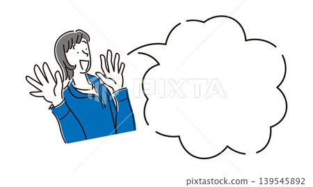 一幅女性上半身的插圖，她舉起雙手，面帶微笑，旁邊還有一個對話框。 139545892
