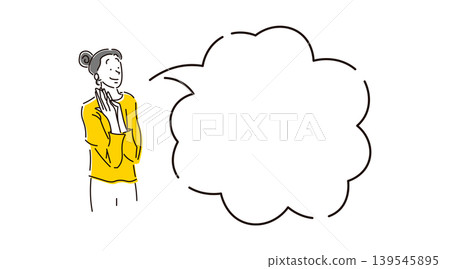 Illustration of a smiling, happy woman's upper body with a speech bubble. 139545895