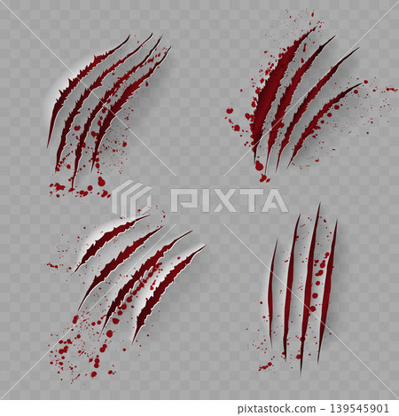 Realistic Bloody Claw Scratch Marks Set. Vector Torn Paper or Flesh Effect with Red Blood Splatters Realistic Bloody Claw Scratch Marks Set. Vector Torn Paper or Flesh Effect with Red Blood Splatters 139545901