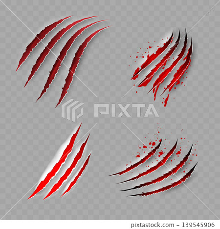 Realistic Bloody Claw Scratch Marks Set. Vector Torn Paper or Flesh Effect with Red Blood Splatters Realistic Bloody Claw Scratch Marks Set. Vector Torn Paper or Flesh Effect with Red Blood Splatters 139545906