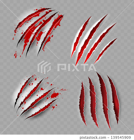 Realistic Bloody Claw Scratch Marks Set. Vector Torn Paper or Flesh Effect with Red Blood Splatters Realistic Bloody Claw Scratch Marks Set. Vector Torn Paper or Flesh Effect with Red Blood Splatters 139545909