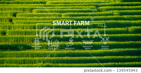 Smart farm technology meets agricultural expertise. Precision livestock management and agriculture drones enhance productivity. Modern farming practices. Innovation in sustainable agriculture. Smart farm technology meets agricultural expertise. Precision livestock management and agriculture drones enhance productivity. Modern farming practices. Innovation in sustainable agriculture. 139545943